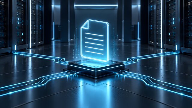 Glowing holographic document icon on digital platform in modern server room data center