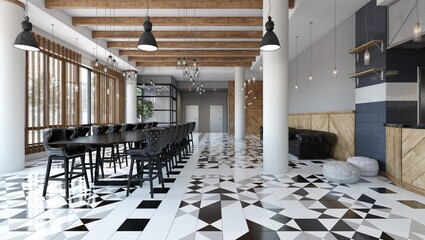 Obraz premium 3D render of an industrial restaurant interior featuring a long communal table, black chairs, and geometric floor tiles.