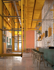 Obraz premium 3D render of an industrial bar interior featuring yellow ceiling pipes, brick walls, a counter with stools, and tables.