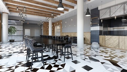 Obraz premium 3D render of an industrial restaurant interior with a long communal table, black leather stools, and geometric floor.