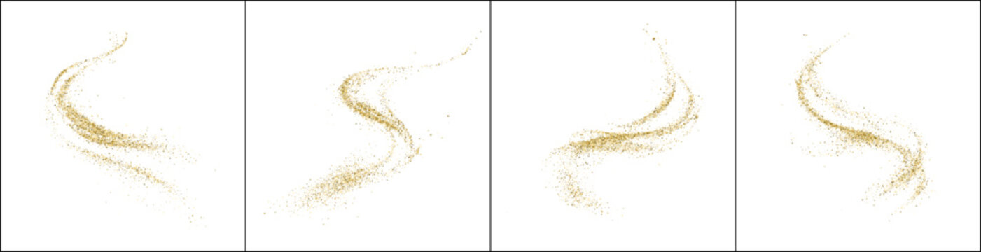 Flowing gold glitter dust trails set isolated on white background. Golden sparkle wave elements for design