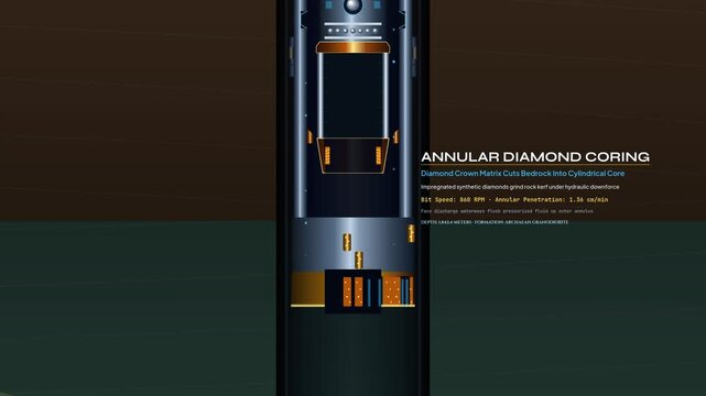 3D animation of wireline core sampling, demonstrating annular diamond coring, core retention, wireline overshot rapid freefall, spearhead latch, winch hoisting, and surface recovery