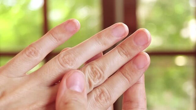 Middle aged woman&rsquo;s hands with visible skin texture, close-up. Detailed view of fingers, nails and natural skin surface. Concept of aging, skincare, body care, wellness and female beauty.