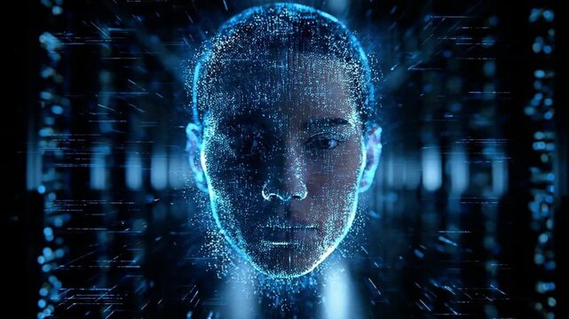 Artificial Intelligence Digital Human Face with Futuristic Data Stream Visualization