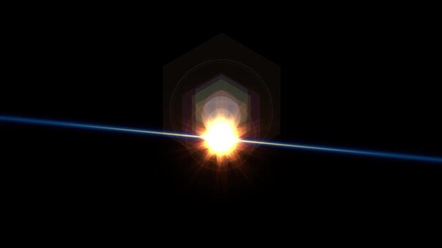 Abstract optical lens flare light streak animation with glowing bright ray on black background