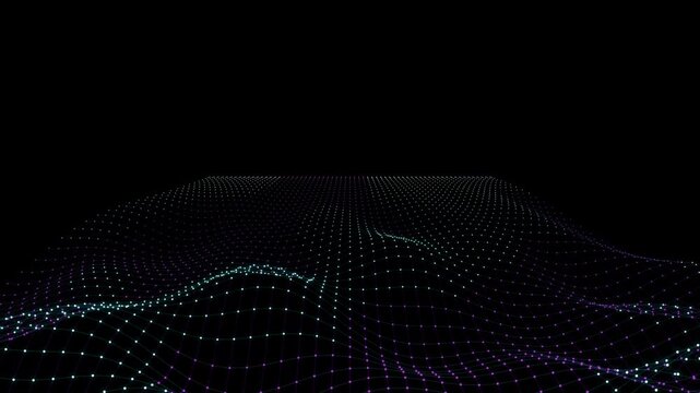 Abstract digital technology wireframe mesh wave background with glowing neon particles loop