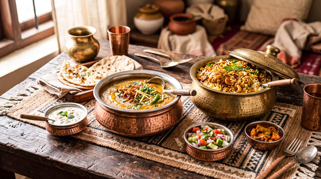 Traditional South Asian feast featuring beef haleem and biryani served in copper bowls on a rustic table