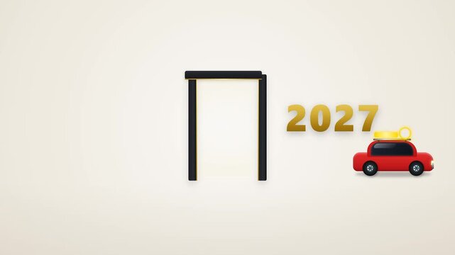 3D geometric Christmas car driving through a futuristic transformation gate, evolving into a 2027 New Year celebration with gold typography and radial light burst in 4K resolution.