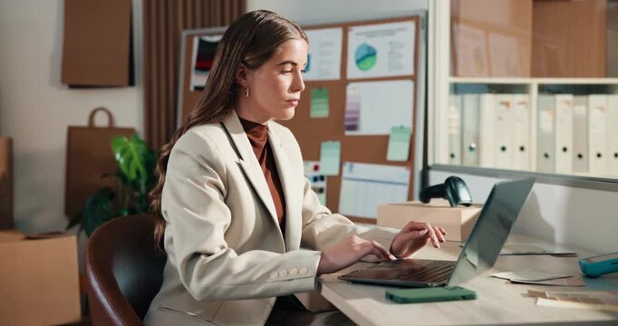 Logistics, review or woman in office with laptop, shipment track or sales management for online shop. Digital, stats or entrepreneur with tech, delivery status or revenue monitoring on ecommerce site