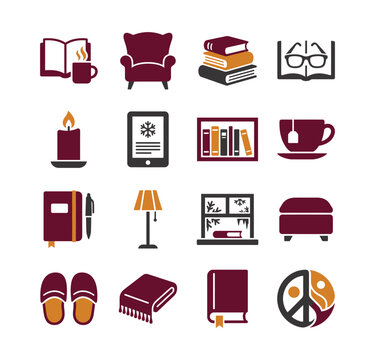 Cozy Reading Winter Icons Set for Home Comfort and Relaxation