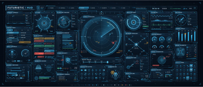 Futuristic HUD interface dashboard with radar, telemetry, cybersecurity, biometric scanning, analytics, navigation, reactor controls, network data and digital system panels.