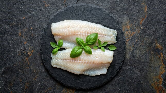 Two Fresh Raw Cod or Haddock Fillets Garnished with Basil Leaves on Dark Stone Background