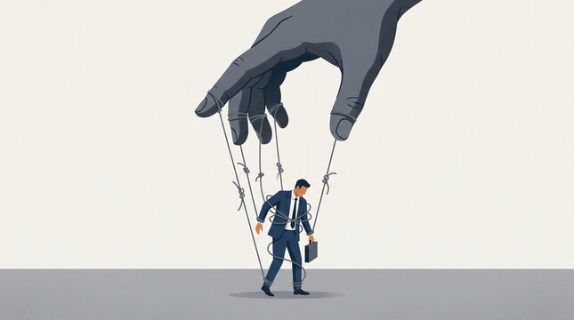 A giant hand manipulates a tiny businessman whose limbs are tangled in strings; a conceptual image representing micromanagement, corporate control, pressure on employees, and treating staff like 