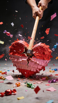Smashing Heart Shaped Pinata with Mallet for Valentine&rsquo;s Day Breakup Concept