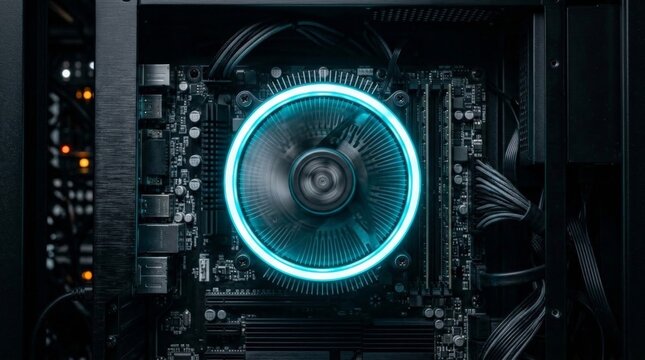 A close up view of a server cooling fan with glowing cyan ring lighting mounted on a computer motherboard inside a dark chassis, highlighting internal computer hardware components