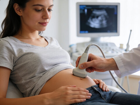 Pregnant Woman Receiving Prenatal Ultrasound Examination in Medical Clinic