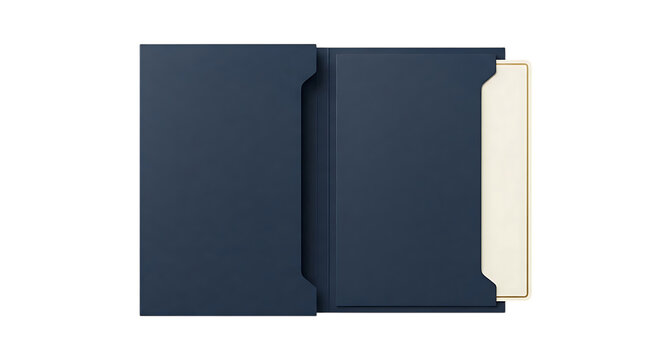 Dark blue cardboard folder or document sleeve with a cream colored insert card, isolated on a white background, for stationery