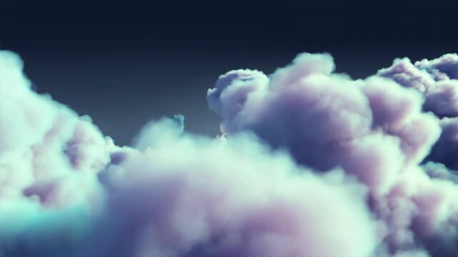 Towering pastel cloud formations billow and drift across a dark navy sky, with cyan and violet highlights shaping dense rounded masses as layers slowly shift through frame