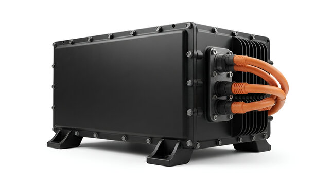 Black heavy duty EV battery pack enclosure with three orange high voltage cables and cooling fins, industrial lithium ion battery system isolated on white background, electric vehicle technology.