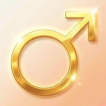 Golden male gender symbol with shiny metallic texture, 3D render of Mars astrological sign on soft beige background, masculinity and manhood concept.