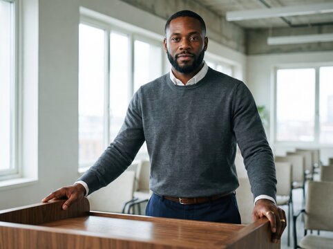 Generative AI, Confident Black man standing at podium in seminar room