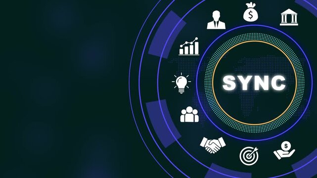 Digital business sync concept featuring animated hud interface with global financial corporate growth strategy symbols, and networking for modern data-driven enterprise solutions