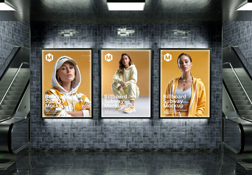 Triple Vertical Billboards Mockup in Dark Grey Glossy Subway Station