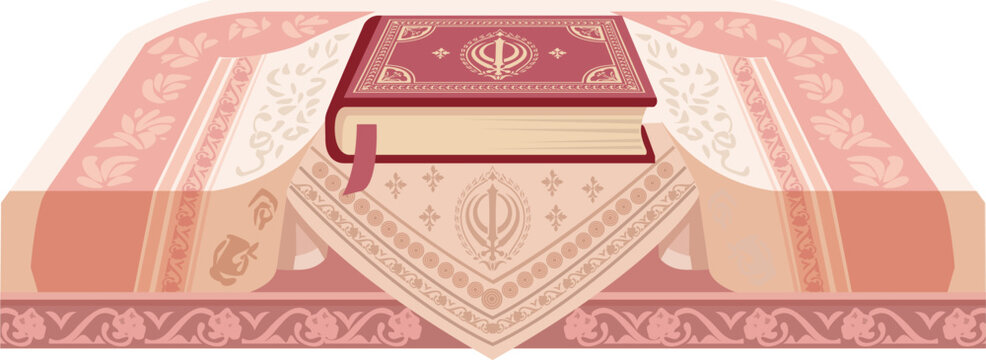 Guru Granth Sahib Reverently Placed on Decorated Palki for Sikh Religious Artwork