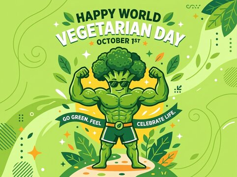 Strong broccoli character posing like a bodybuilder for world vegetarian day