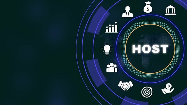Digital web hosting technology concept featuring animated hud interface with global network connectivity cloud server infrastructure, data management systems, and cyber security solutions