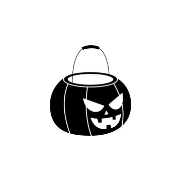 This is a minimalist vector illustration of a Halloween pumpkin Bucket icon, featuring a simple, clean, and solid glyph style. The icon can be used as a symbol, sign, or logo.