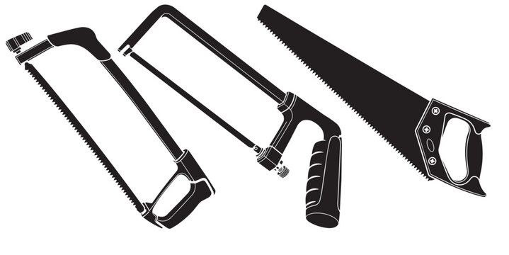 Hand saw and hacksaw silhouette set with different cutting tools vector illustration