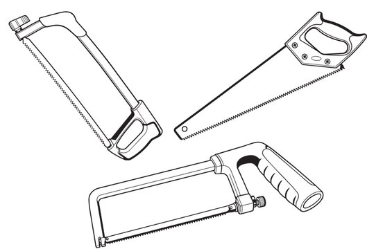 Hand saw and hacksaw outline set with different cutting tools vector illustration