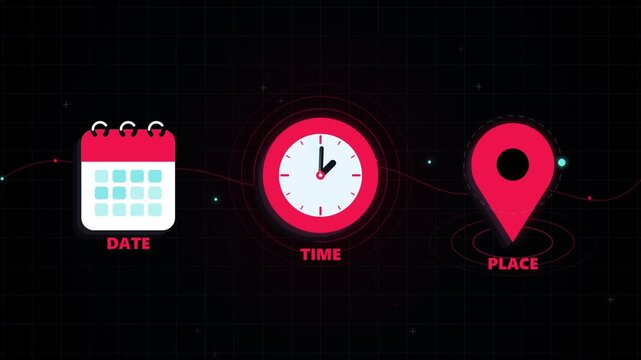 Date Time Place Icons with Isometric Shadows, Cyber Telemetry Paths and Radar Rings, Futuristic 2.5D Motion Graphic Loop