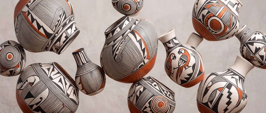 Traditional native pottery vessels floating with geometric patterns against a neutral wall