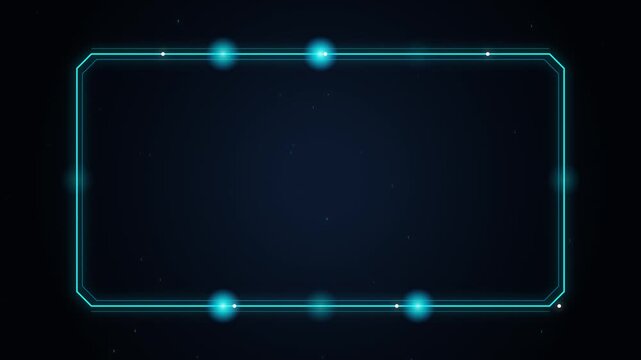 Futuristic glowing cyan sci fi HUD frame with moving lights and copy space loop motion background