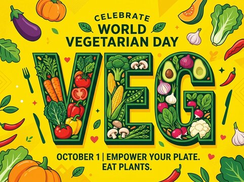 World vegetarian day typography poster featuring fresh vegetables forming letters