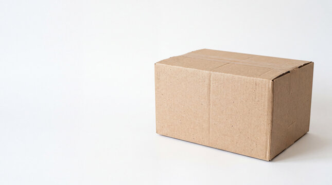Brown cardboard shipping box resting on a clean white studio surface