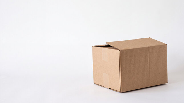 Brown corrugated cardboard parcel box on clean white studio background