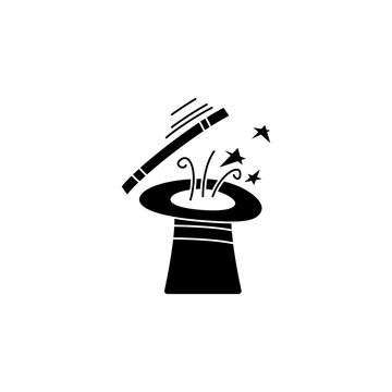 This is a minimalist vector illustration of a magic wand and hat icon, featuring a simple, clean, and solid glyph style. The icon can be used as a symbol, sign, or logo
