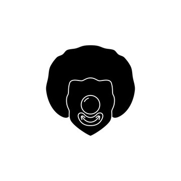 This is a minimalist vector illustration of a clown icon, featuring a simple, clean, and solid glyph style. The icon can be used as a symbol, sign, or logo