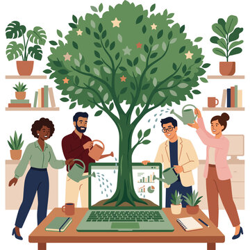 Business Growth Concept Vector Illustration of Team Nurturing Tree from Laptop