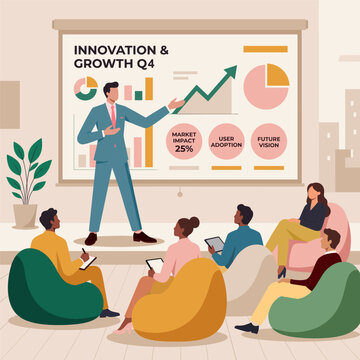 Business Presentation Vector Illustration of Speaker Presenting Innovation Growth Chart to Team