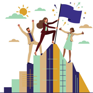 Corporate Success Vector Illustration of Business Team Climbing Bar Chart to Top Flag