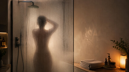 Dark showering concept. Woman showering in dimly lit bathroom, serene atmosphere and wellness concept © dvoevnore