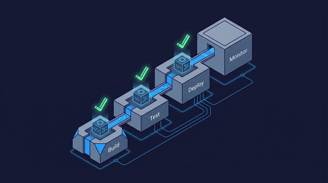Isometric CI/CD DevOps Pipeline Illustration SVG for Developer Websites