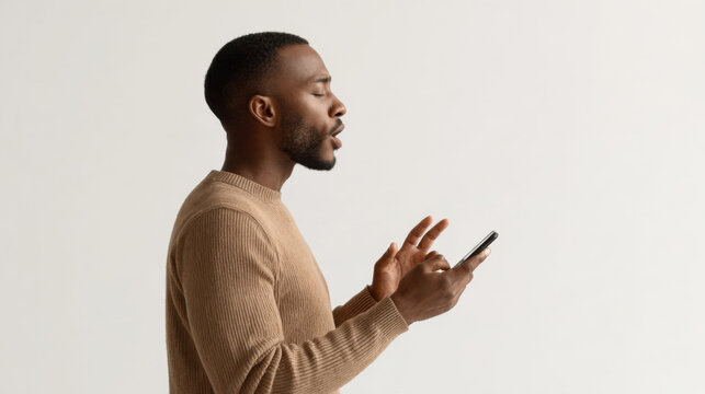 African American man using a voice command on a smartphone, side view. Using a voice assistant, dictating a message, recording audio