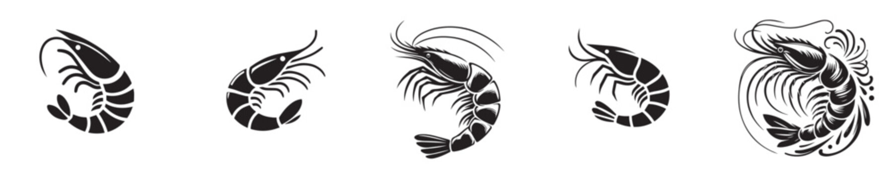 Collection of Black and White Shrimp Illustrations in Various Poses