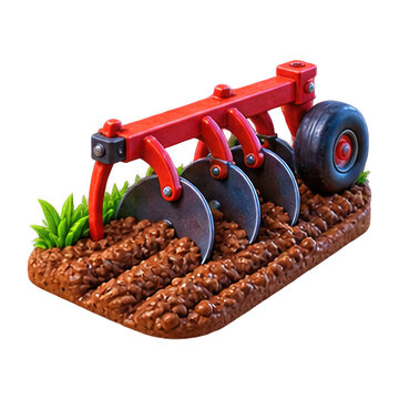 Red agricultural disc plow equipment isolated on white background for farming industry concepts