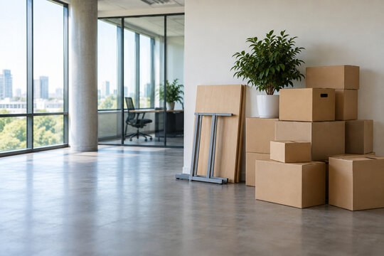 Moving boxes and dismantled furniture in an empty modern office